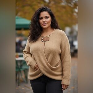 Fashion Nova Stylish Chic Cozy Tan Fuzzy Sweater with Buckle Detail Plus Size 1X